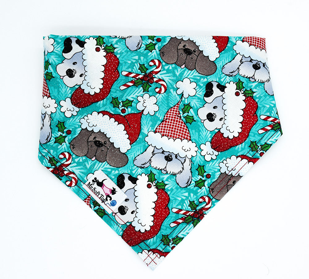 Glitter Santa Pups on Teal Background Christmas Bandana