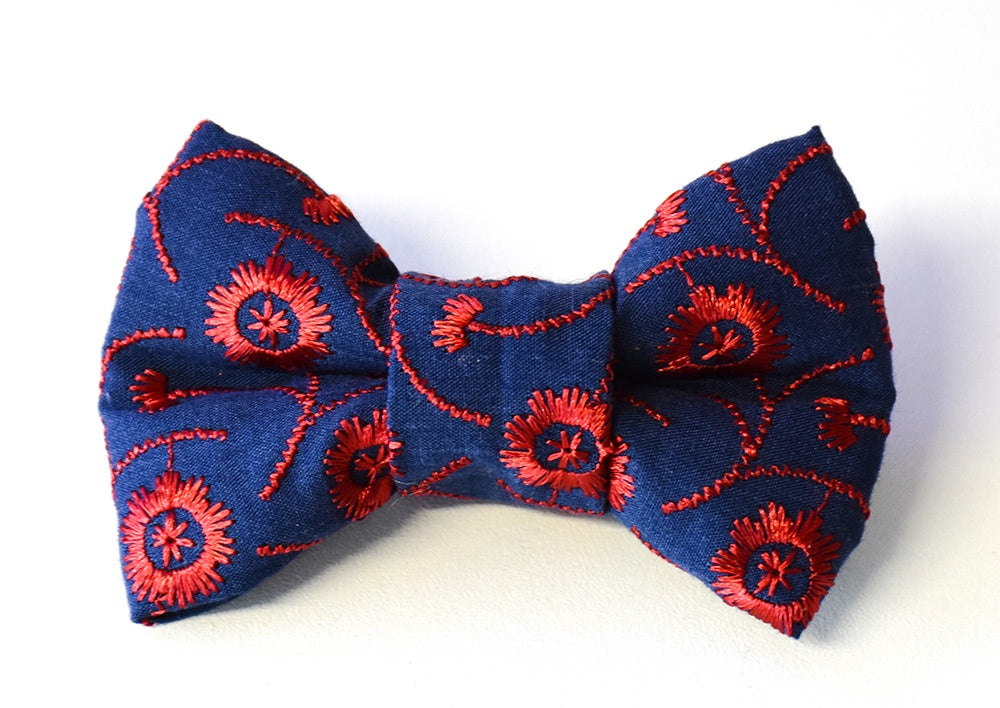 Navy and Red Embroidered Bow