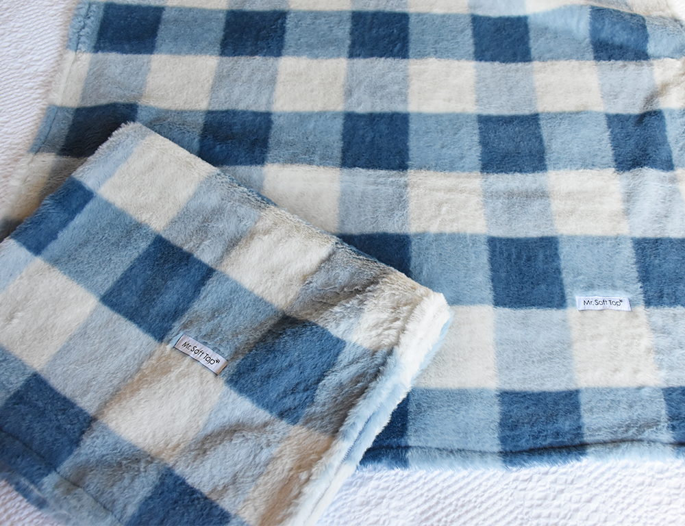 Blue Check Faux Fur Puppy Blanket - Easy Wash