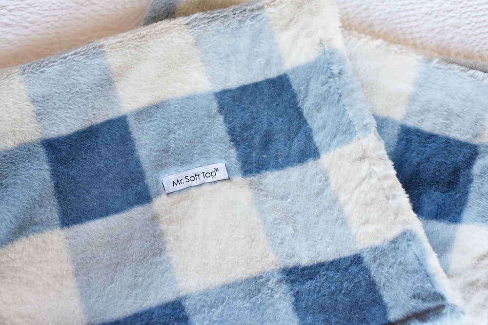 Blue Check Faux Fur Puppy Blanket - Easy Wash