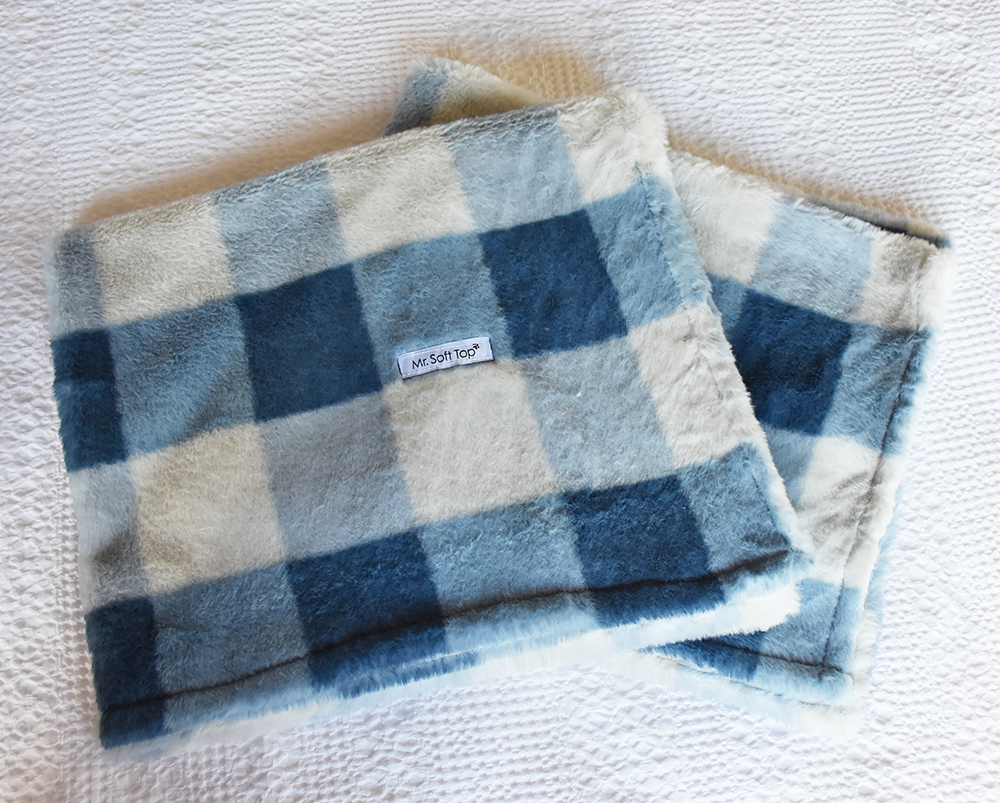 Blue Check Faux Fur Puppy Blanket - Easy Wash