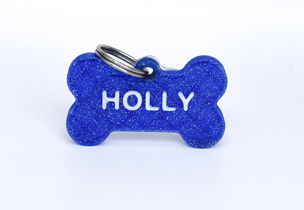 Say My Name - Custom Bone Shaped Name Tag - Blue Sparkle