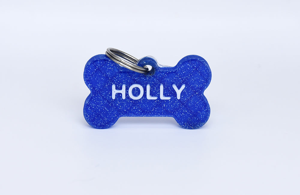Say My Name - Custom Bone Shaped Name Tag - Blue Sparkle